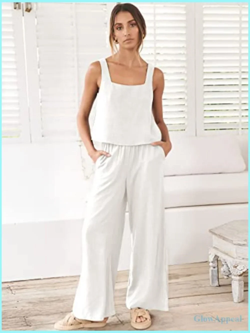 Linen 2 Piece Outfit Jumpsuit Lounge Set Square Neck Crop Top Wide Leg Pants